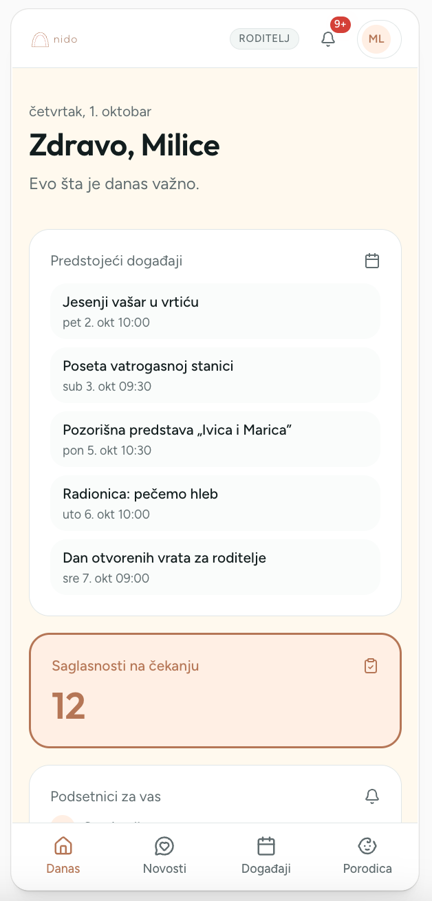 nido početni ekran za roditelje sa događajima, saglasnostima i podsetnicima