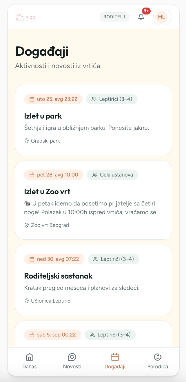 nido pregled događaja za roditelje